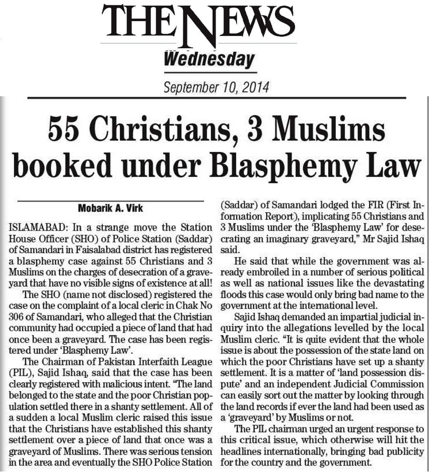 55 Christians, 3 Muslims booked under Blasphemy Law 