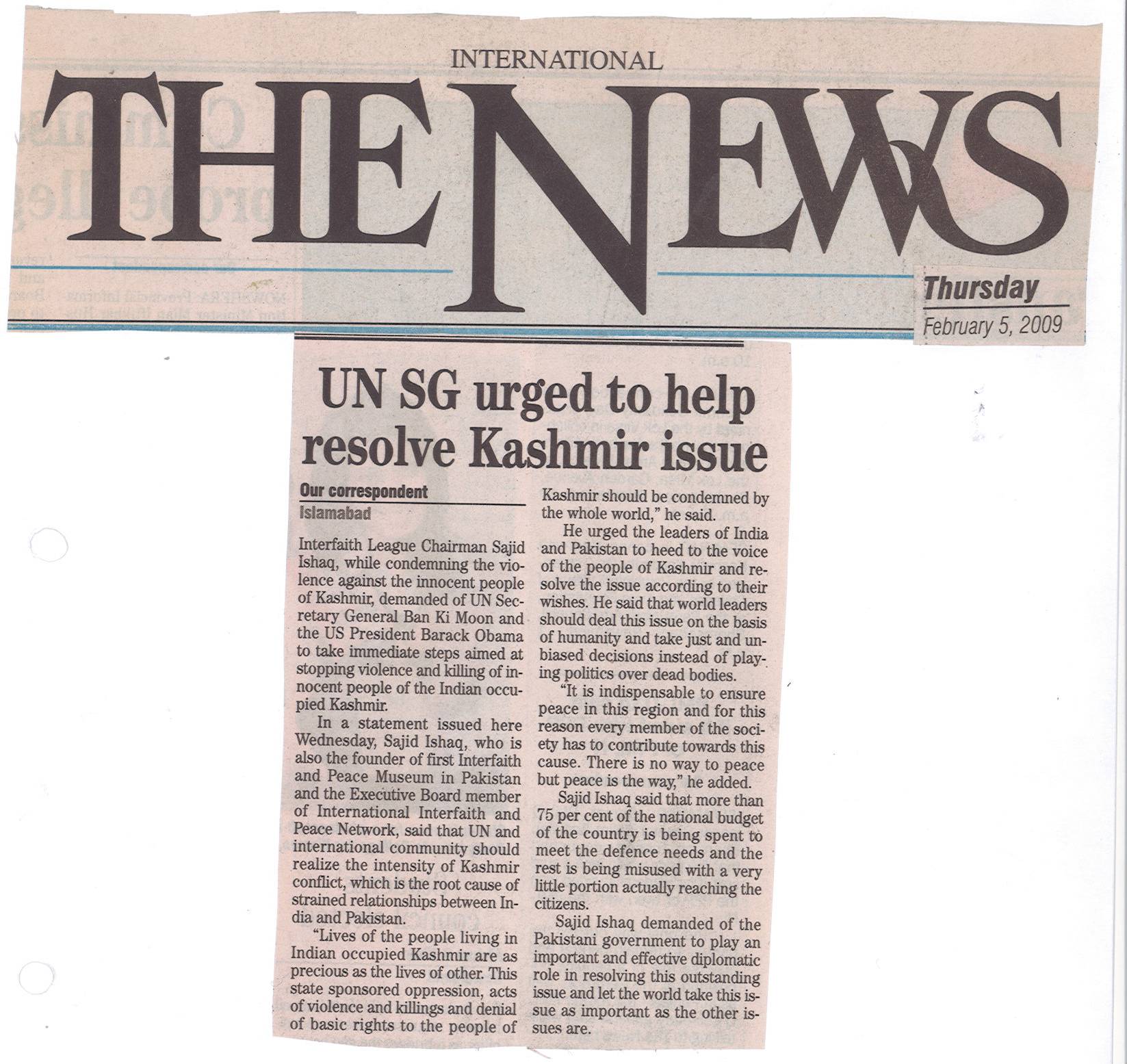 UN SG urged to help resolve Kashmir issue