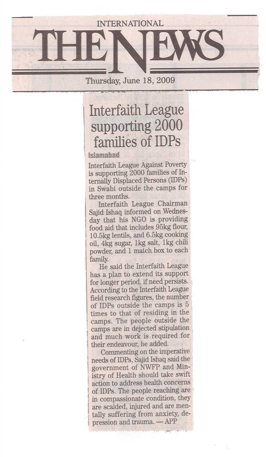 Interfaith League supporting 2000 families of IDPs