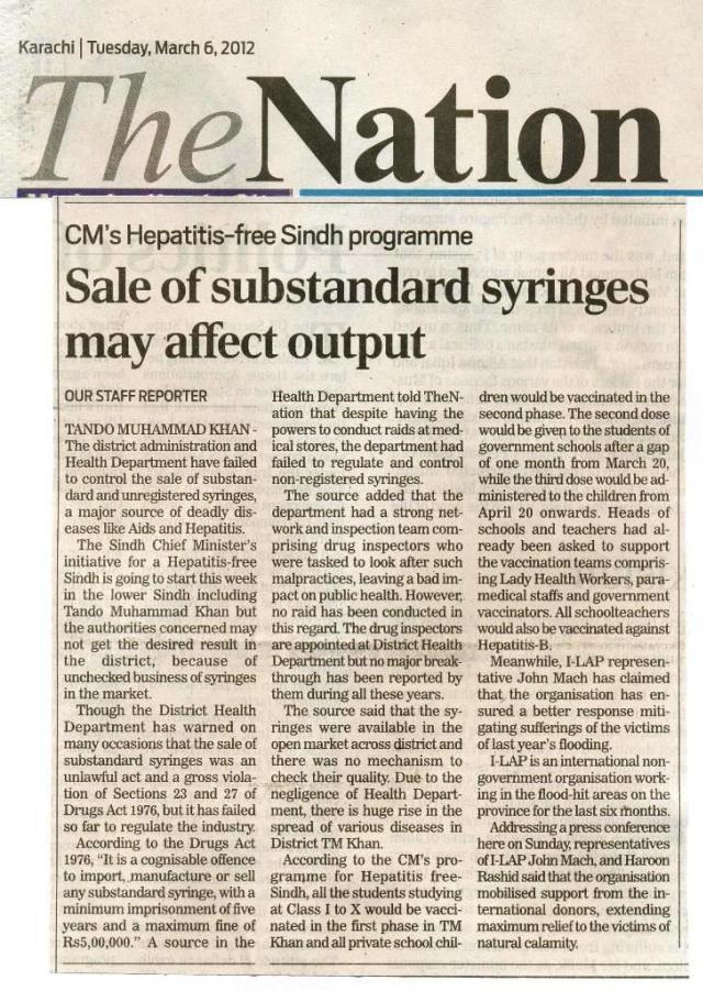 CM's Hepatitis-free Sindh programme Sale of substandard syringes may affect output