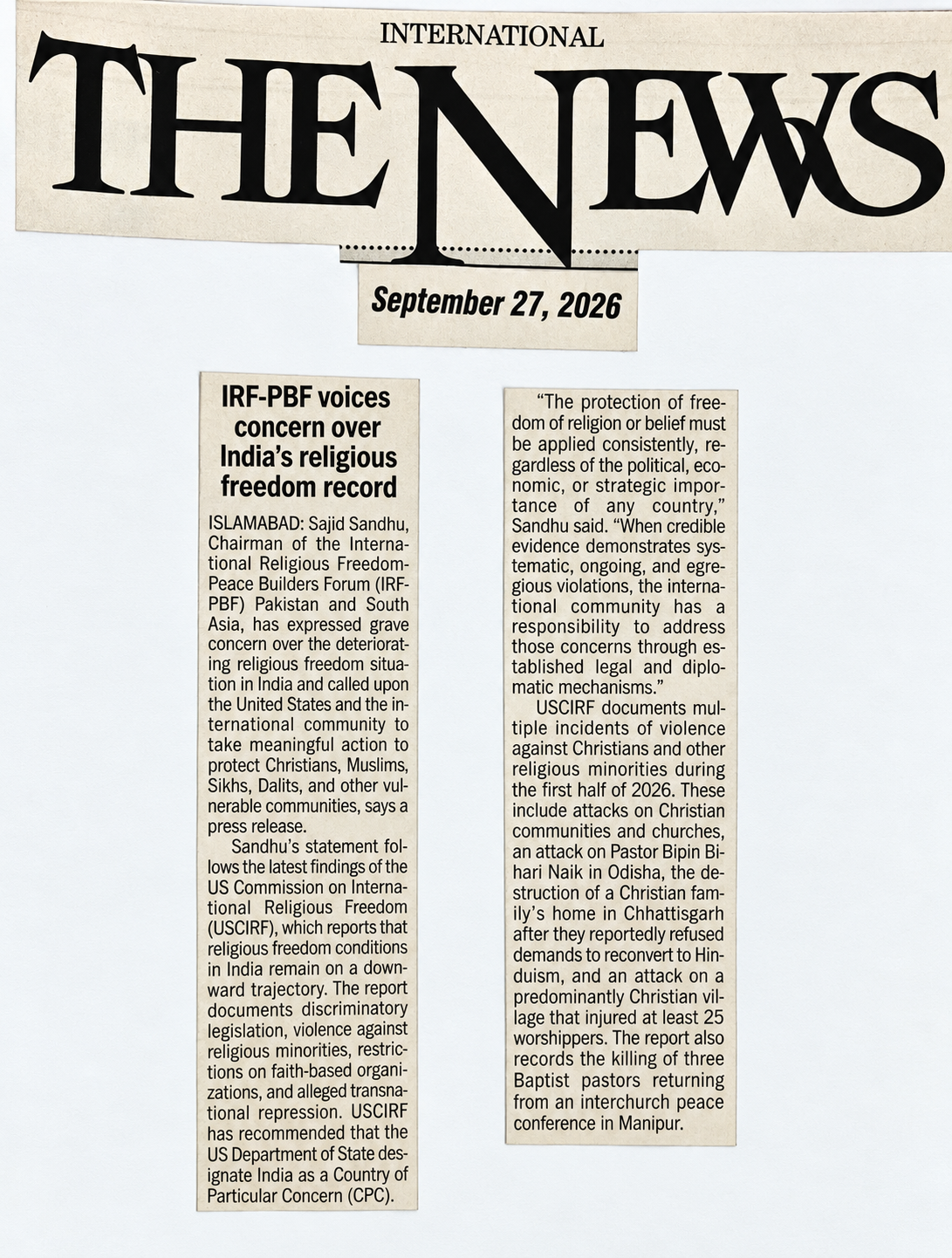 The News newspaper coverage of IRF-PBF statement on India's religious freedom record