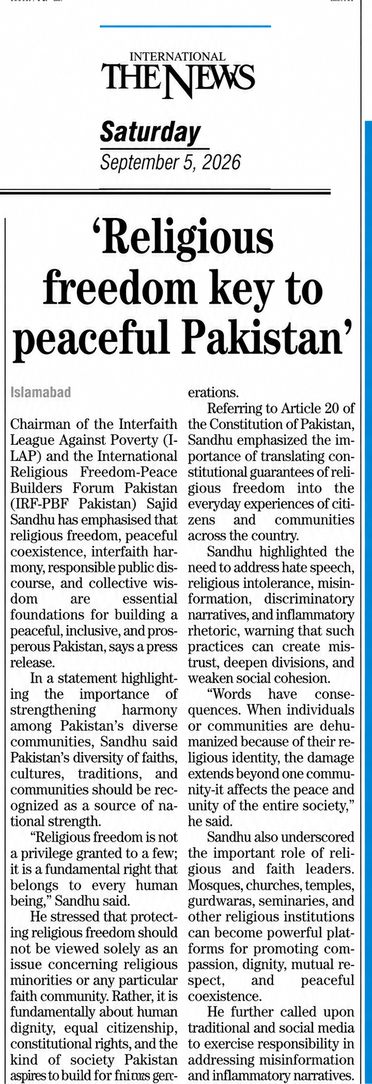 Religious freedom key to peaceful Pakistan - The News, 5 September 2026